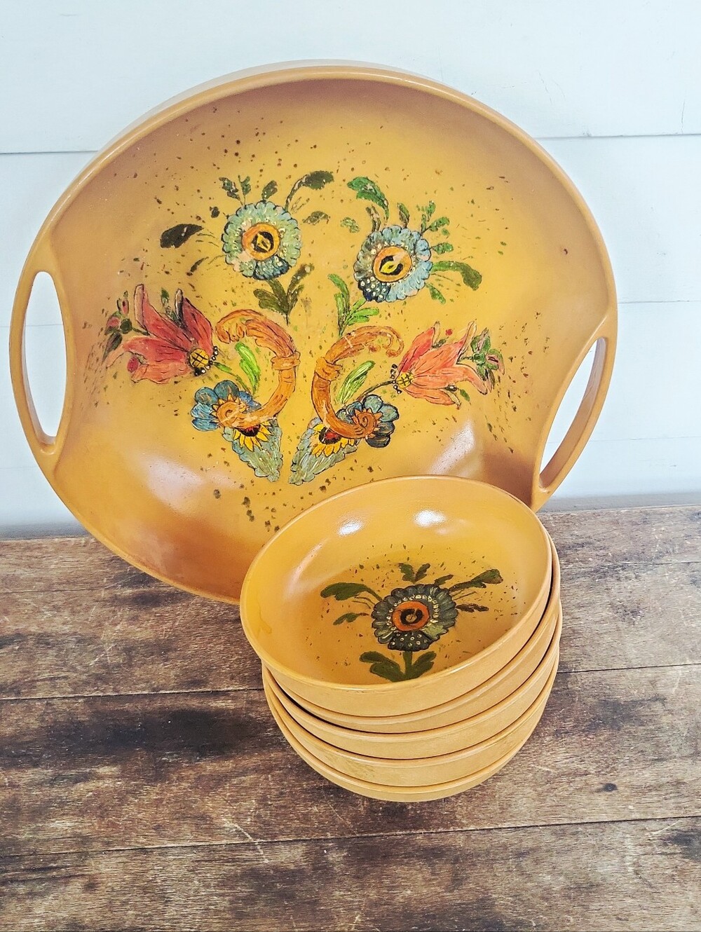 Vintage MCM Ellingers Agatized Floral  Wood Serving Bowl Set  6 Pc